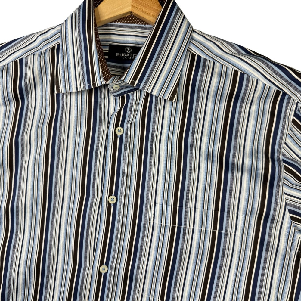 Bugatchi Uomo Mens XL Long Sleeve Button Up Shirt Blue Striped 100% Cotton